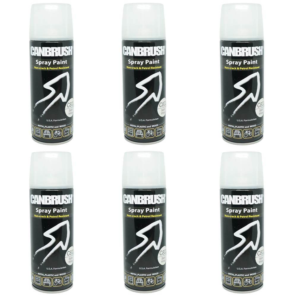 Canbrush satin white spray paint 400ml cans arranged in two rows on white background
