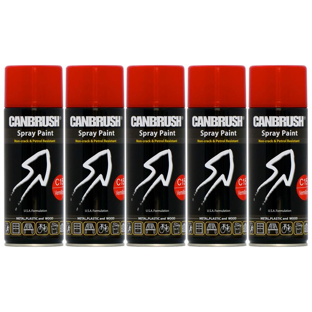 Five cans of Canbrush Vermillion spray paint 400ml with red caps and black labels for metal plastic and wood