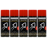Five cans of Canbrush Vermillion spray paint 400ml with red caps and black labels for metal plastic and wood