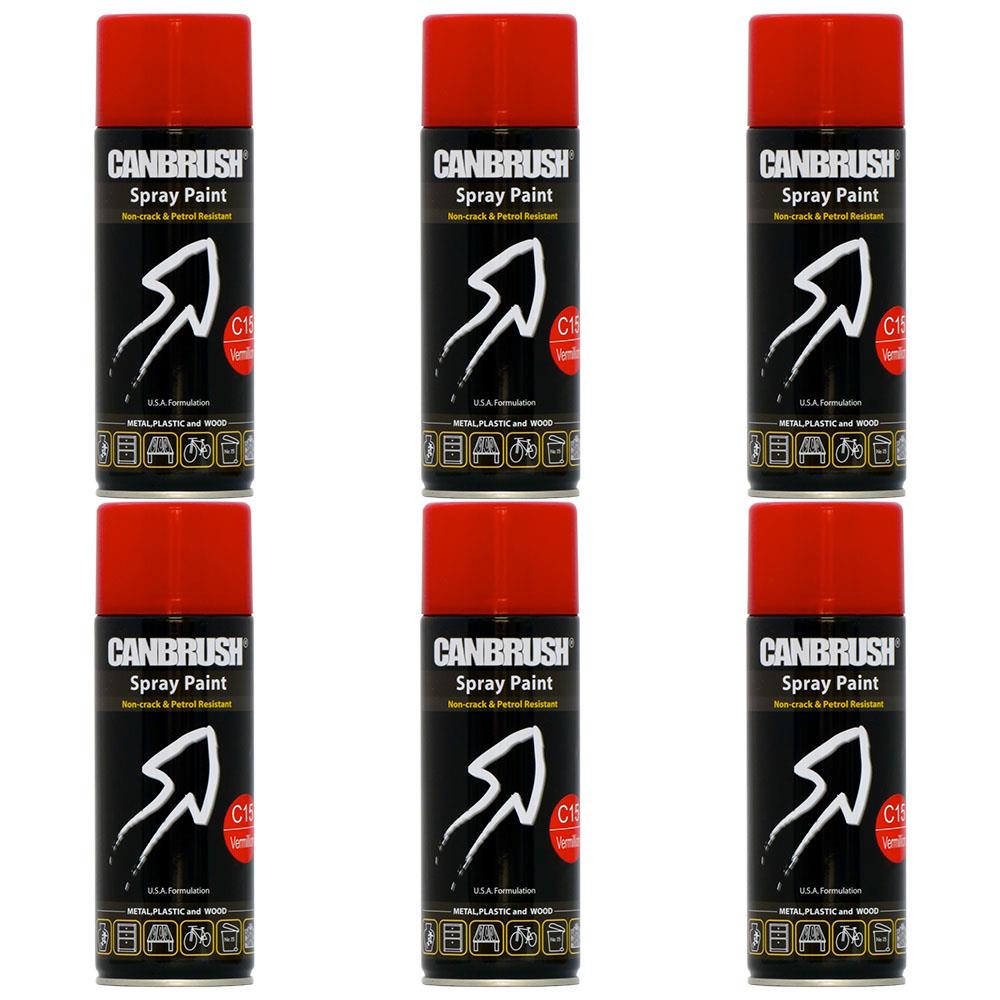 Six cans of Canbrush Vermillion spray paint 400ml with red caps and black labels arranged in two rows