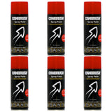 Six cans of Canbrush Vermillion spray paint 400ml with red caps and black labels arranged in two rows