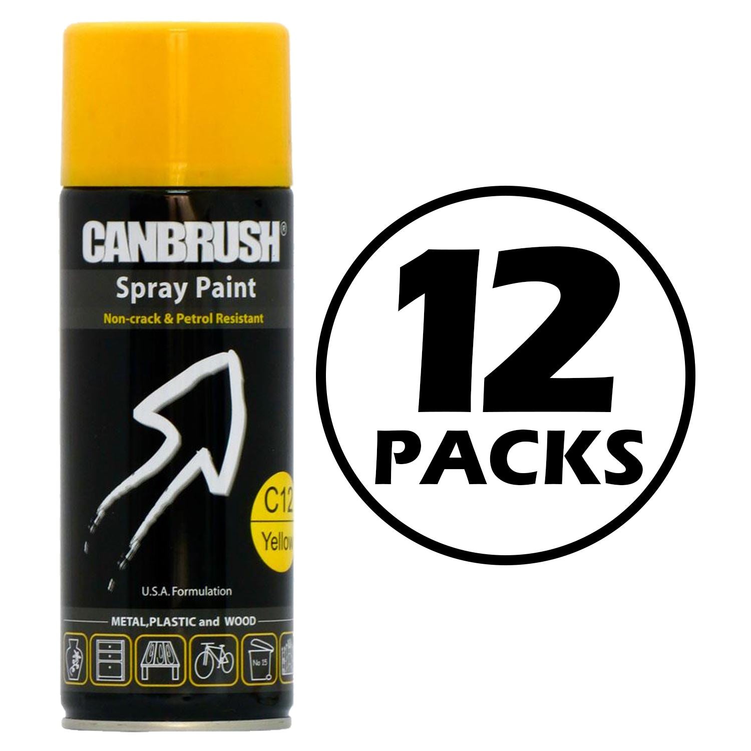 Canbrush yellow spray paint 400ml can with durable non-crack and petrol resistant formula in 12 pack