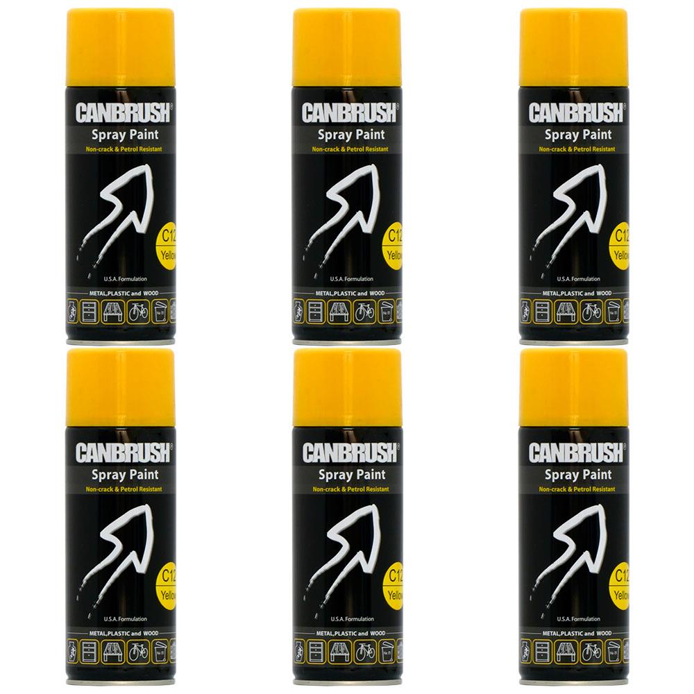 Six cans of Canbrush yellow spray paint 400ml with yellow caps and black labels for metal plastic and wood
