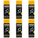 Six cans of Canbrush yellow spray paint 400ml with yellow caps and black labels for metal plastic and wood