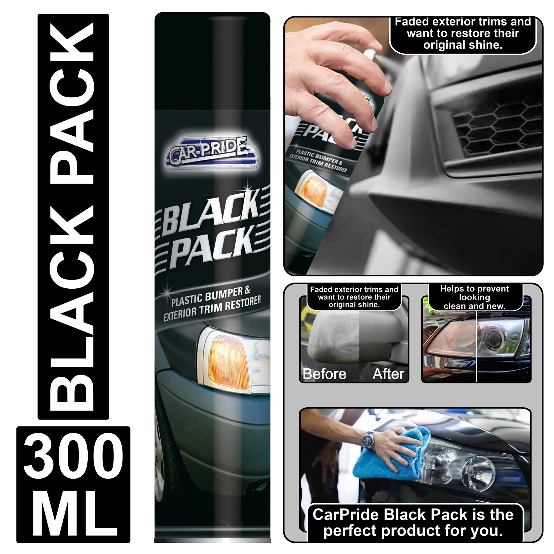 CarPride Black Pack 300 ML black plastic bumper restorer for faded exterior trims and plastics