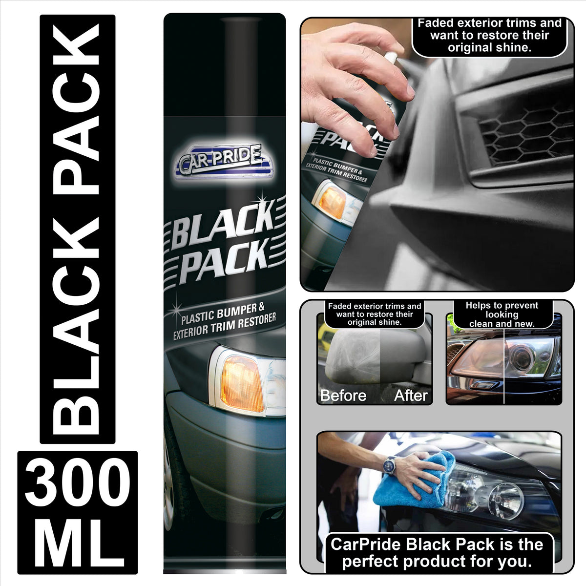 CarPride Black Pack 300 ML black plastic bumper restorer for faded exterior trims and plastics