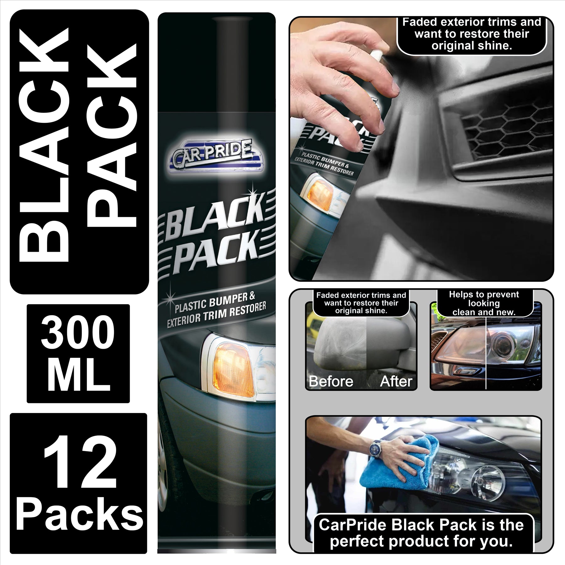 CarPride black plastic bumper restorer spray paint can from Black Pack 300ml pack of 12