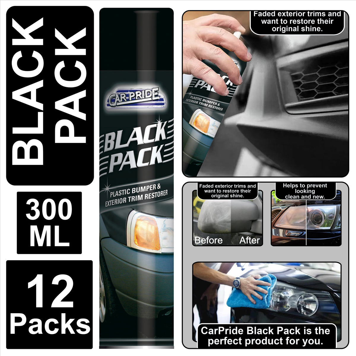 CarPride black plastic bumper restorer spray paint can from Black Pack 300ml pack of 12