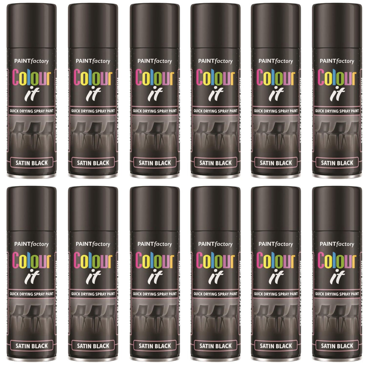 12X Paint Factory Black Satin Spray Paint 250ml