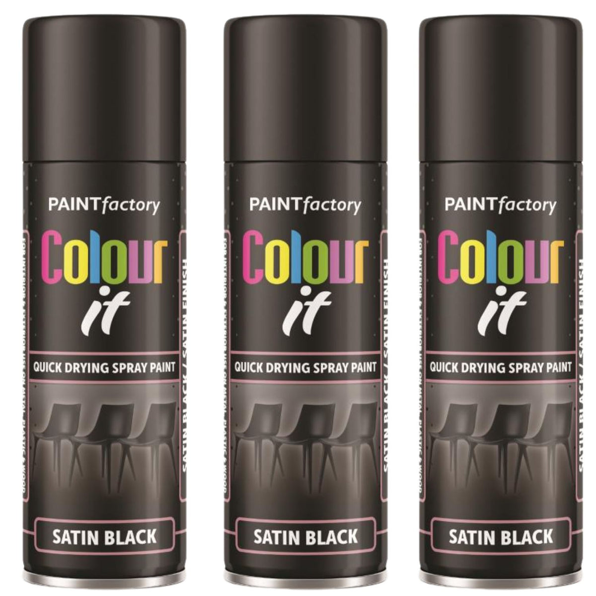 3X Paint Factory Black Satin Spray Paint 250ml