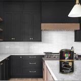 300ml tin of black matt tin paint by Paint Factory featured in a stylish kitchen setting