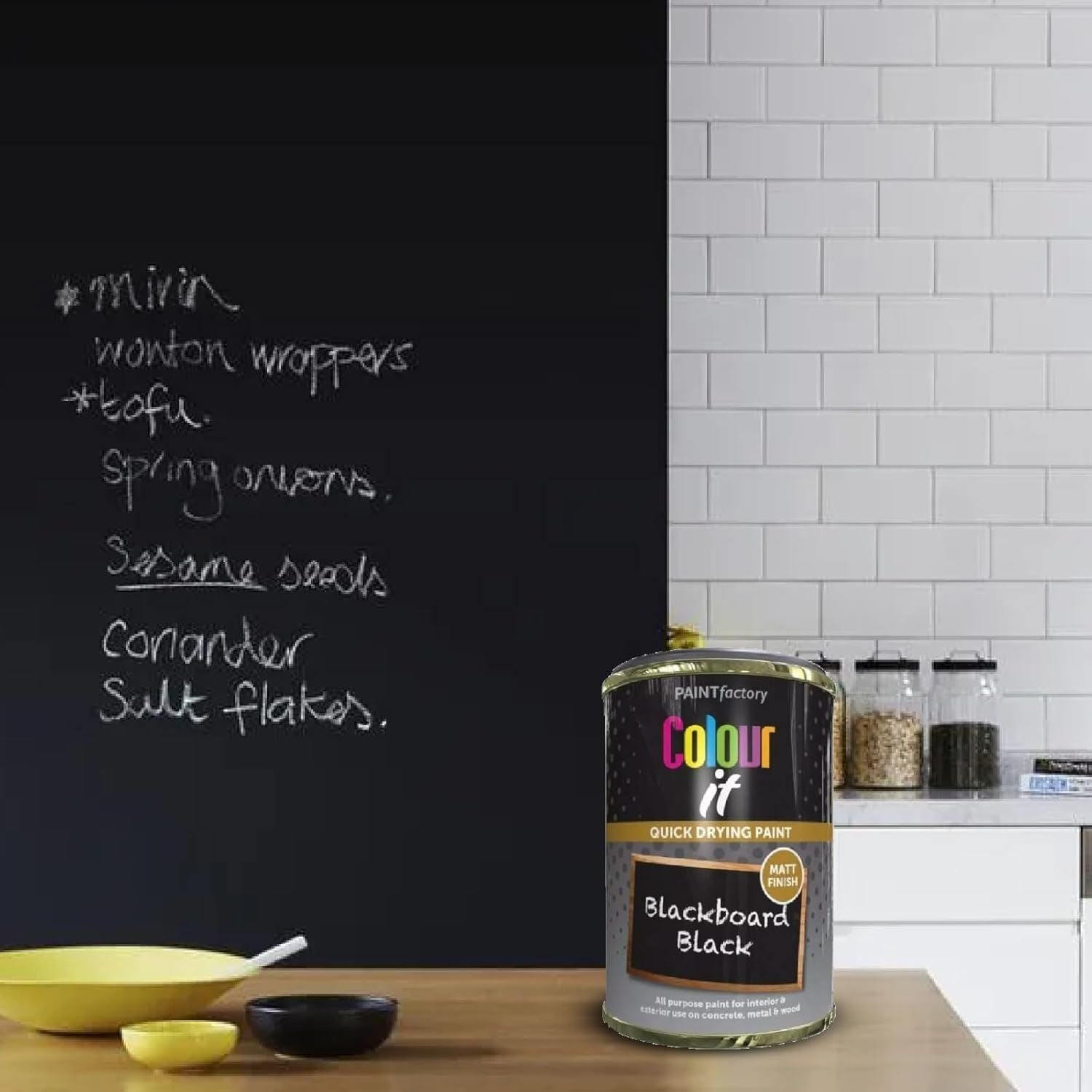 Tin of Paint Factory blackboard paint 300ml with a chalkboard surface in a stylish kitchen setting