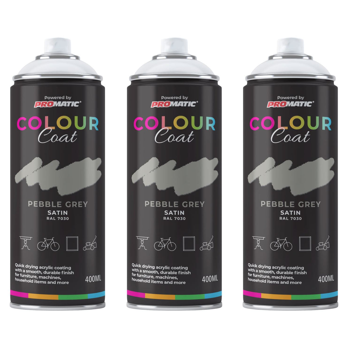 3X Pebble Grey RAL 7030 Satin Spray Paint 400ml