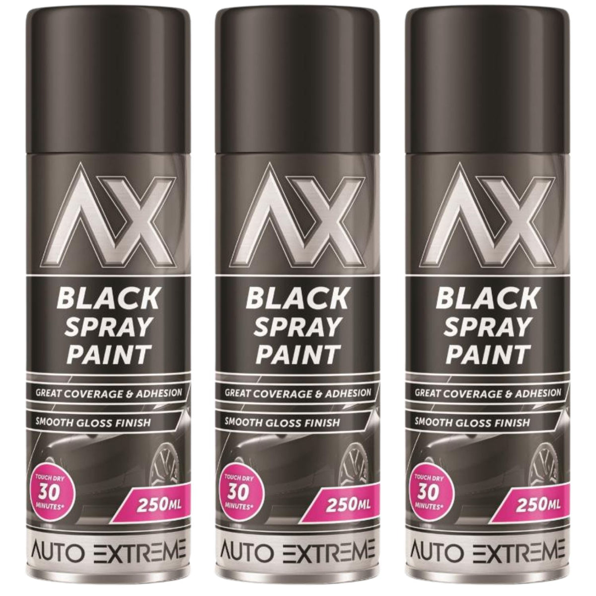 3X Auto Extreme Black Gloss Spray Paint 250ml