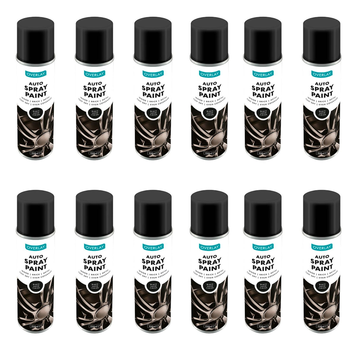 12X Overlay Satin Black Auto Professional Spray Paint 250ml