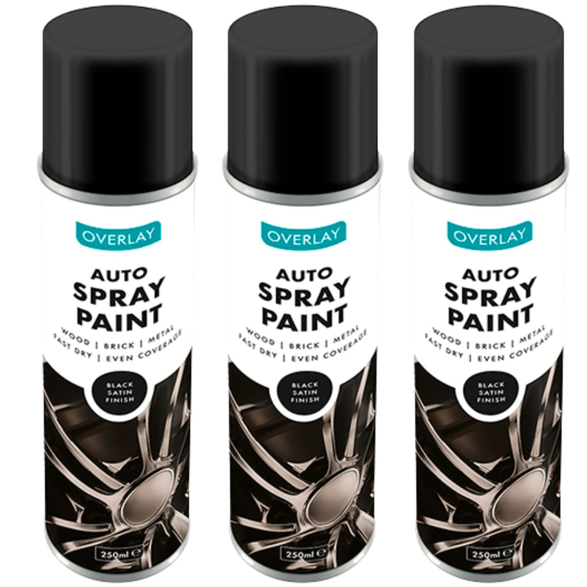3X Overlay Satin Black Auto Professional Spray Paint 250ml