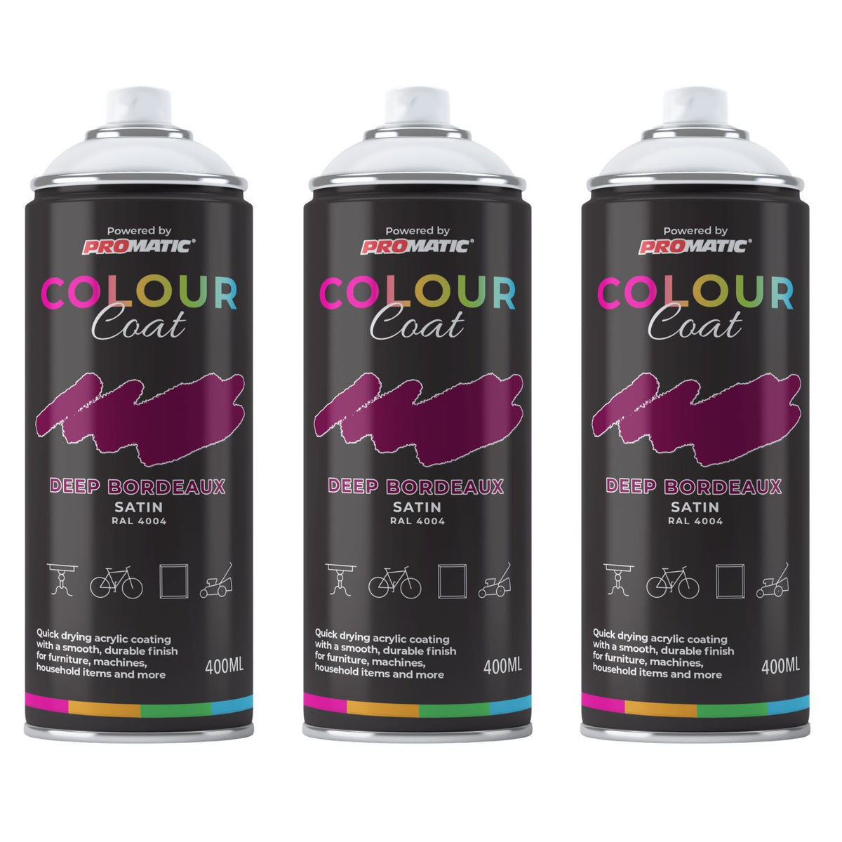3X Deep Bordeaux RAL 4004 Satin Spray Paint 400ml