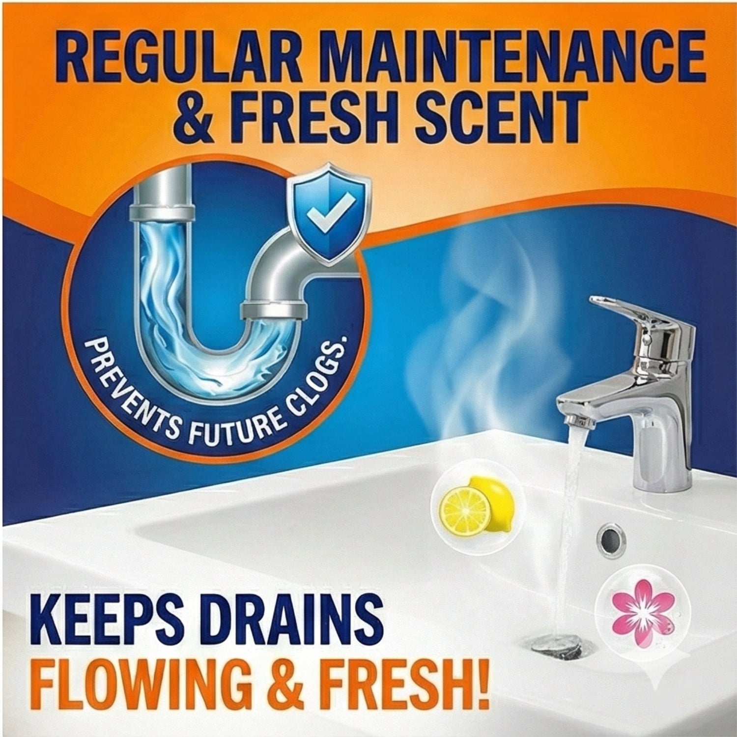 Drain filler for regular maintenance with fresh scent to keep drains flowing fresh and prevent clogs