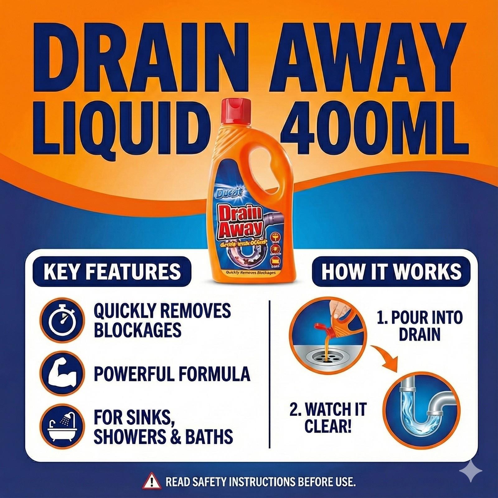 Drain Away liquid 400ml bottle for effective blockage removal in sinks, showers and baths