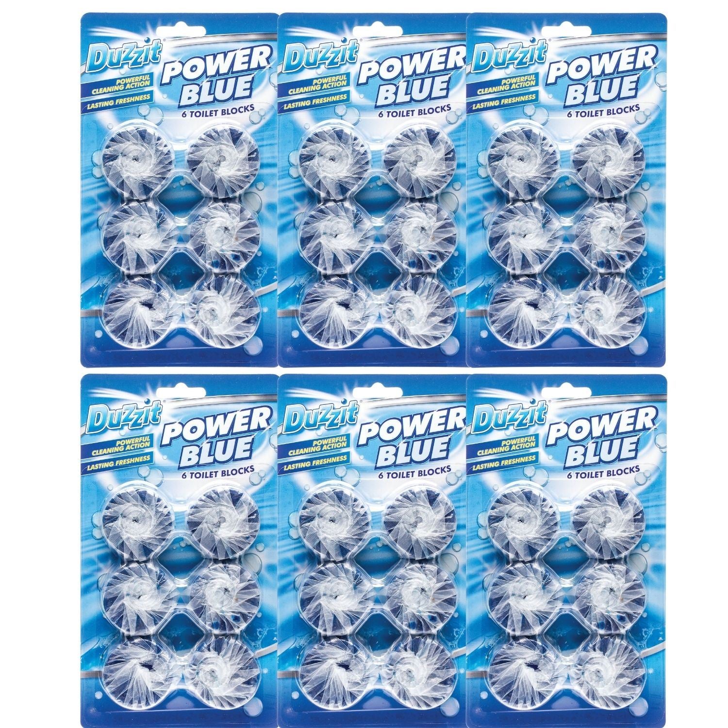 Duzzit Power Blue Toilet Blocks in a pack of six, effective toilet cleaner for lasting freshness