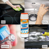 Duzzit baking soda cleaning powder shown in use for hob, drains, jewellery, and oven cleaning