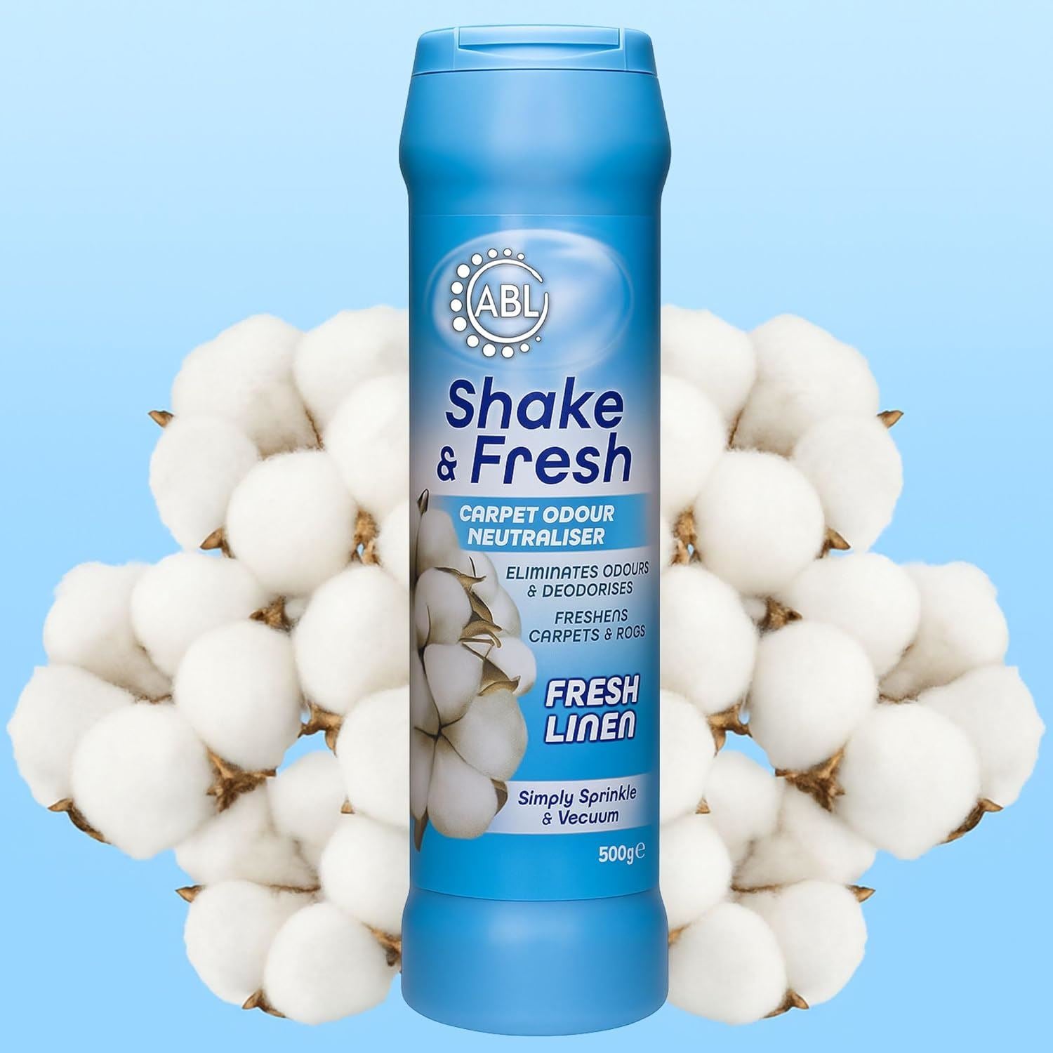 Duzzit carpet odour neutraliser fresh linen in a blue container with cotton background for effective deodorising
