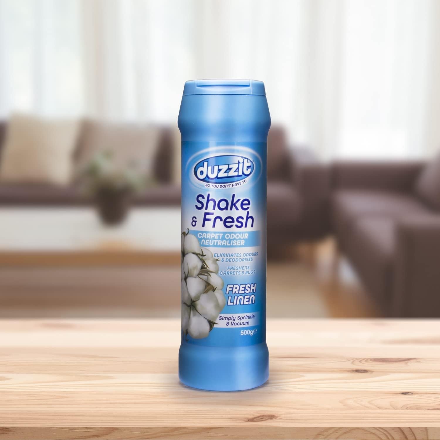 Duzzit Shake and Fresh Carpet Odour Neutraliser Fresh Linen in 600g bottle for a clean home