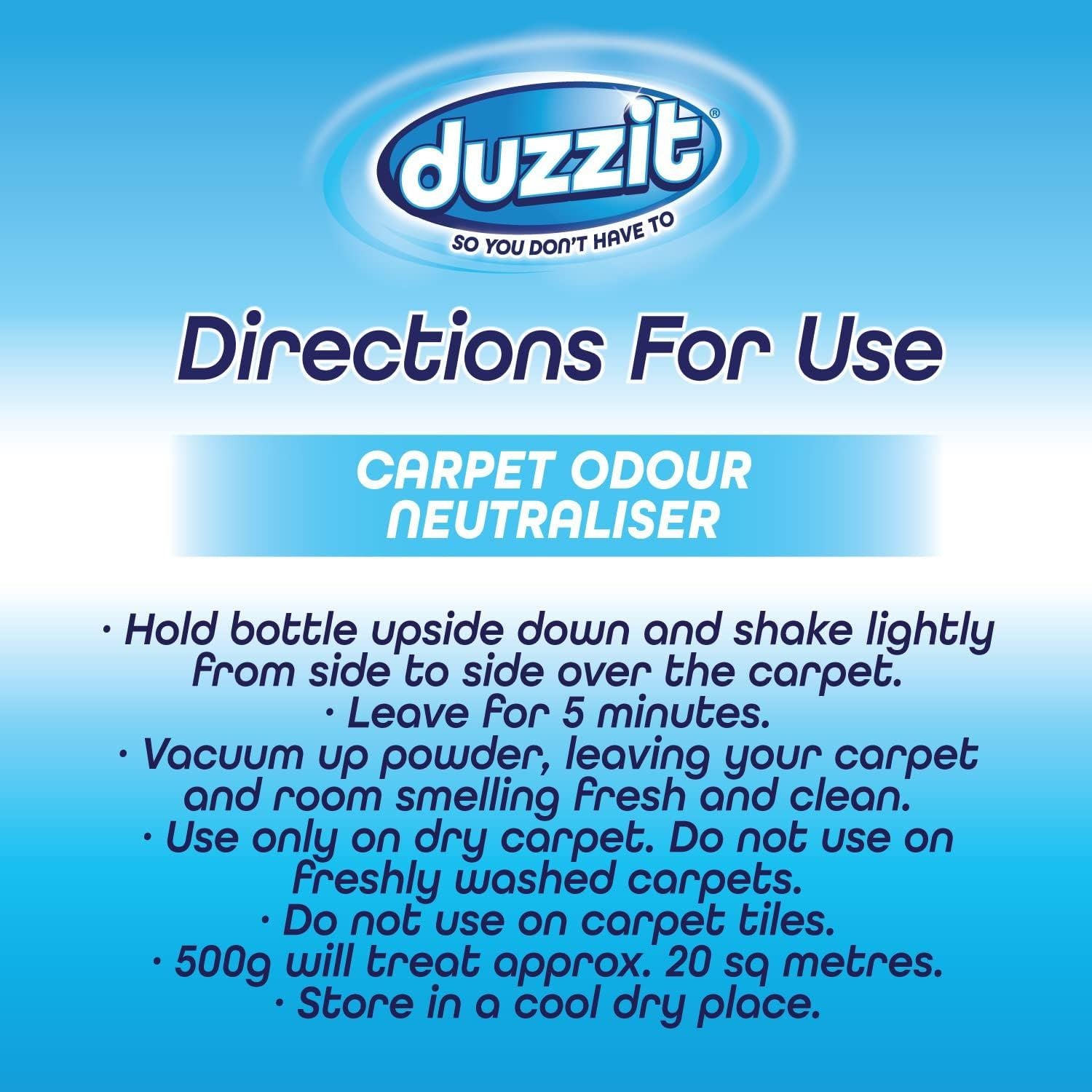 Duzzit Carpet Odour Neutraliser Fresh Linen Instructions for Use on Carpet