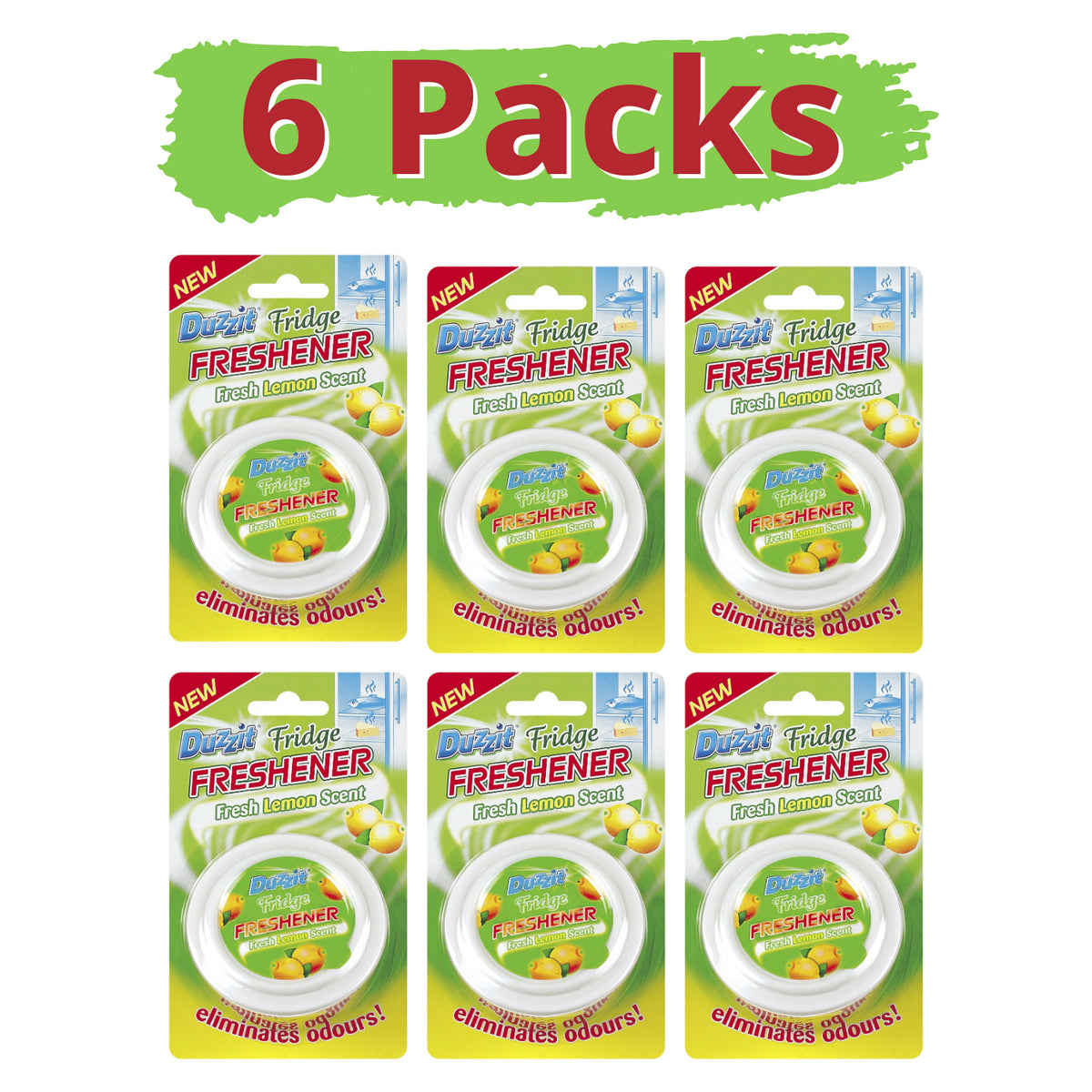Six packs of lemon scented fridge freshener designed to eliminate odours and keep your fridge fresh