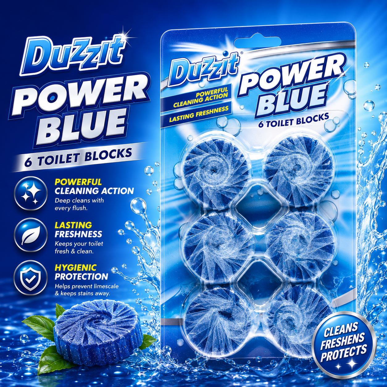Duzzit Power Blue Toilet Cleaner Toilet Block Pack with 6 Freshness Tablets for Powerful Cleaning Action