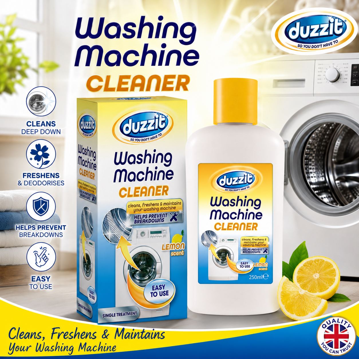 Duzzit Washing Machine Cleaner bottle with lemon scent for deep cleaning your washing cleaner machine