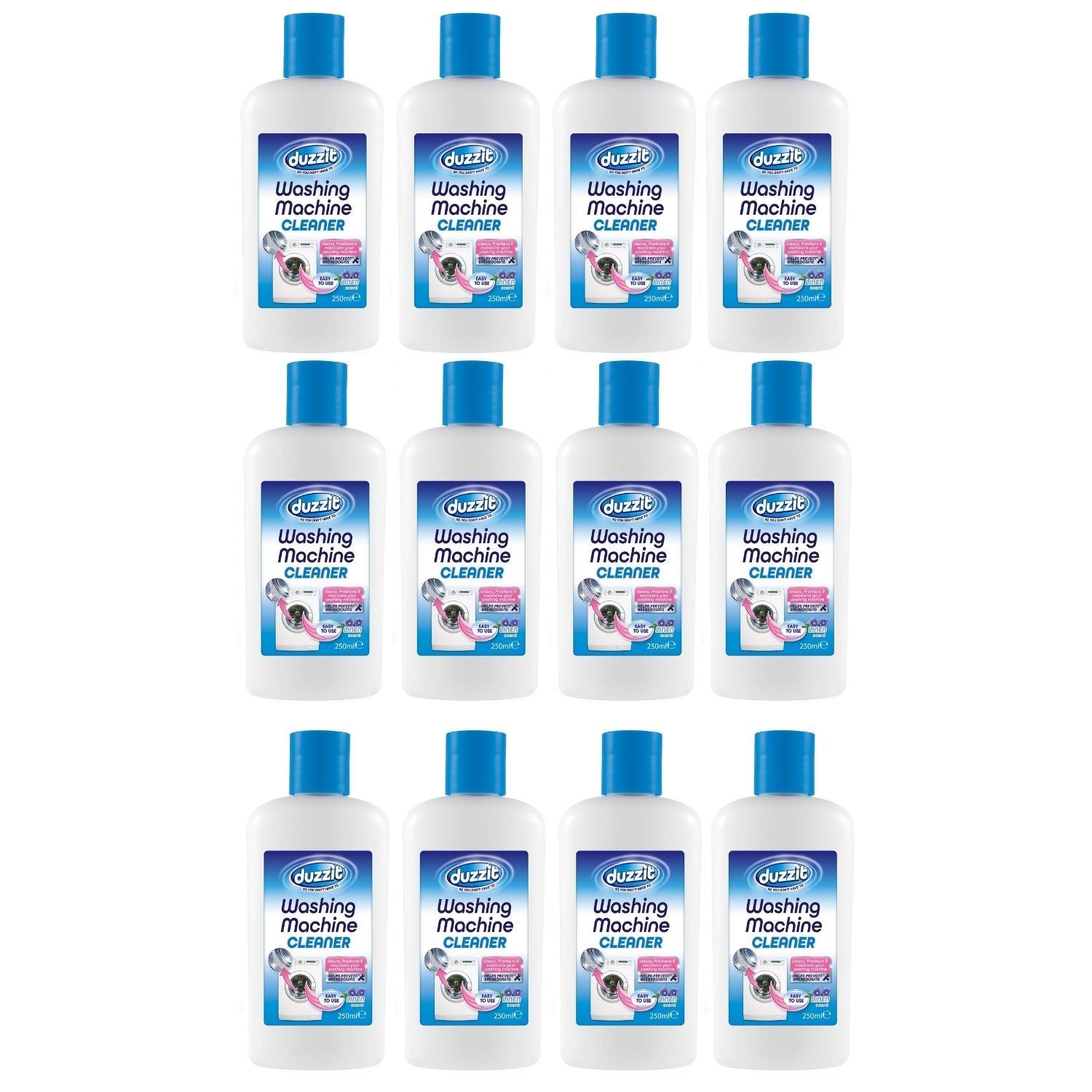 Duzzit Washing Machine Cleaner bottles arranged in a grid for effective machine maintenance