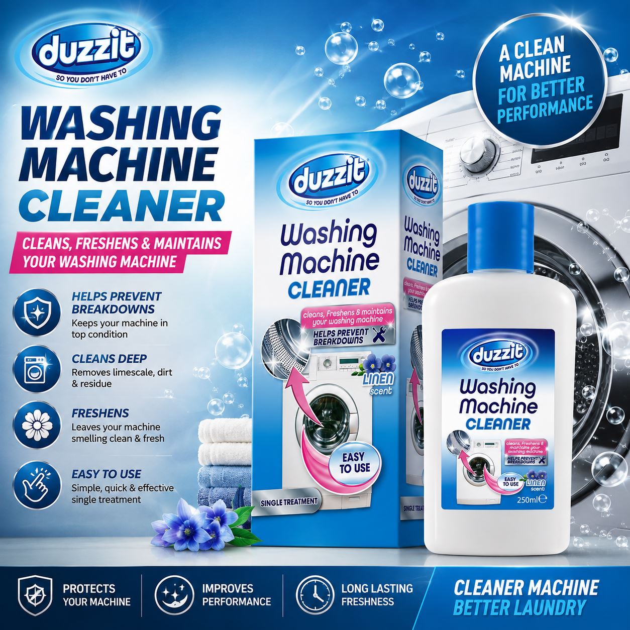Duzzit Washing Machine Cleaner for keeping machine fresh and effective, ideal for cleaning bed linen Dunelm