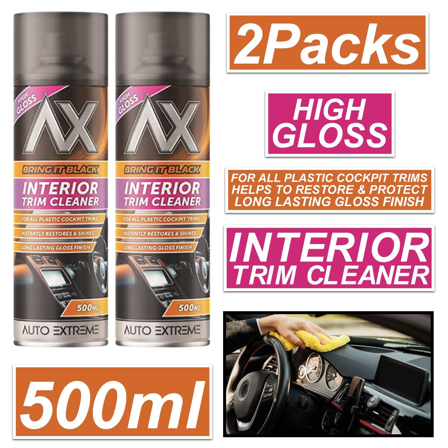2X - Bring it Black Gloss Interior Trim Cleaner Spray 500ml Spray Paint