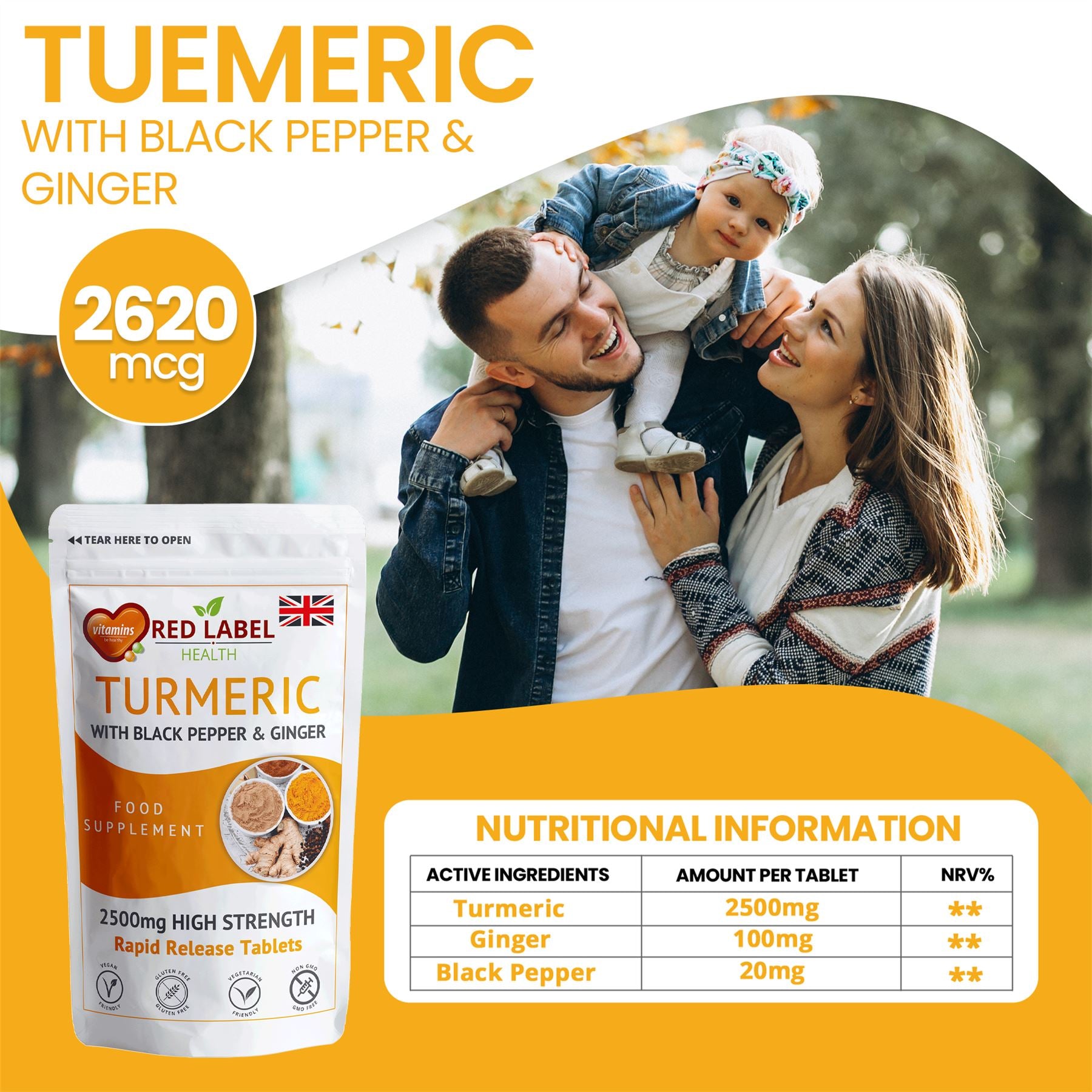 Turmeric with Black Pepper & Ginger 120 Tablets - 2620mg Turmeric