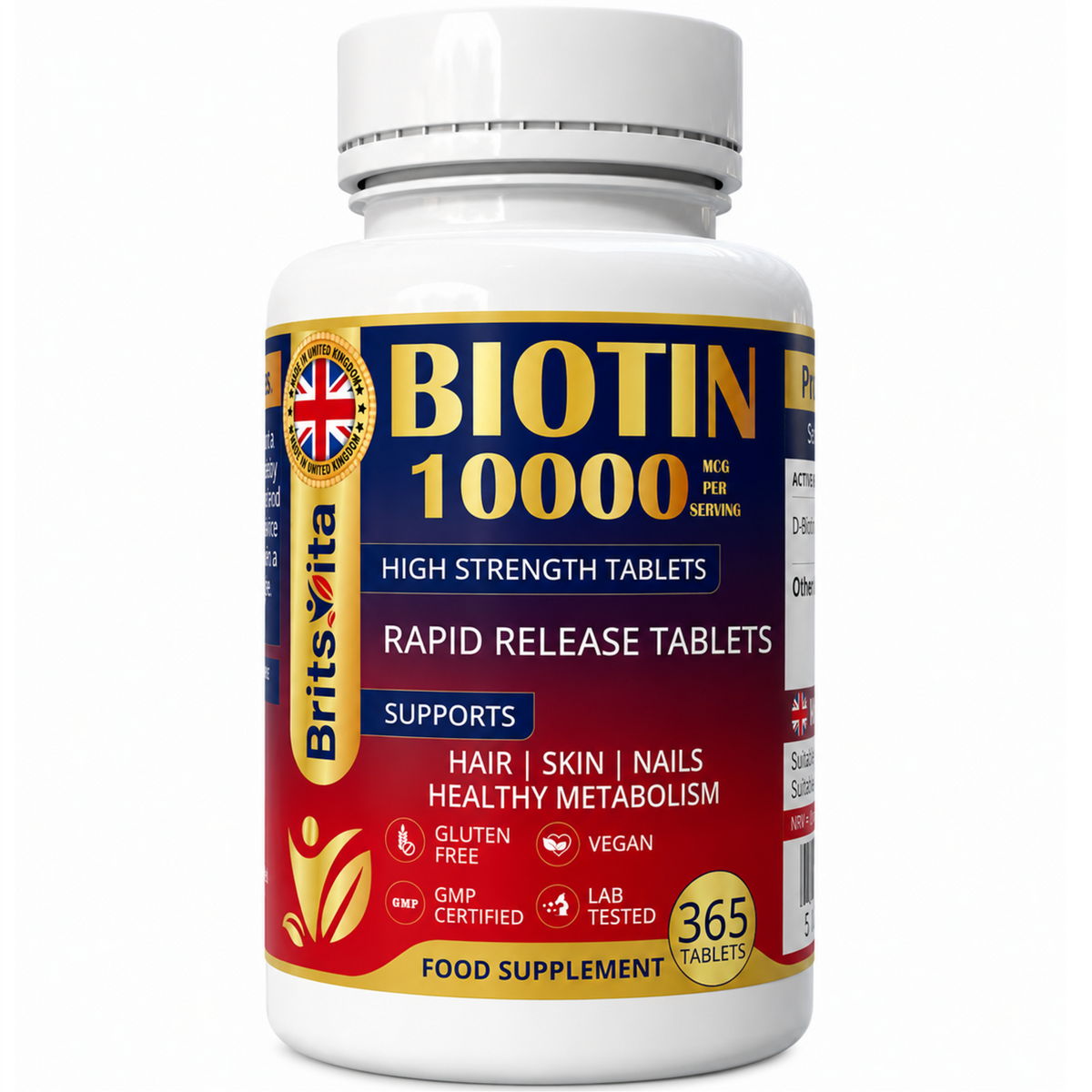 Brits Vita Biotin 10,000mcg 365 High Strength Tablets Vegan Hair Skin Vitamin B7