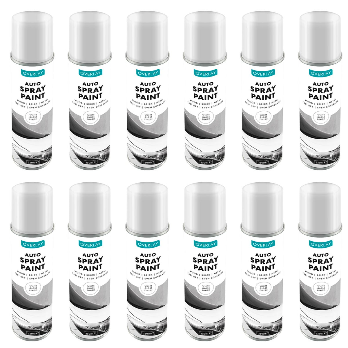 12X Overlay Gloss White Auto Professional Spray Paint 250ml