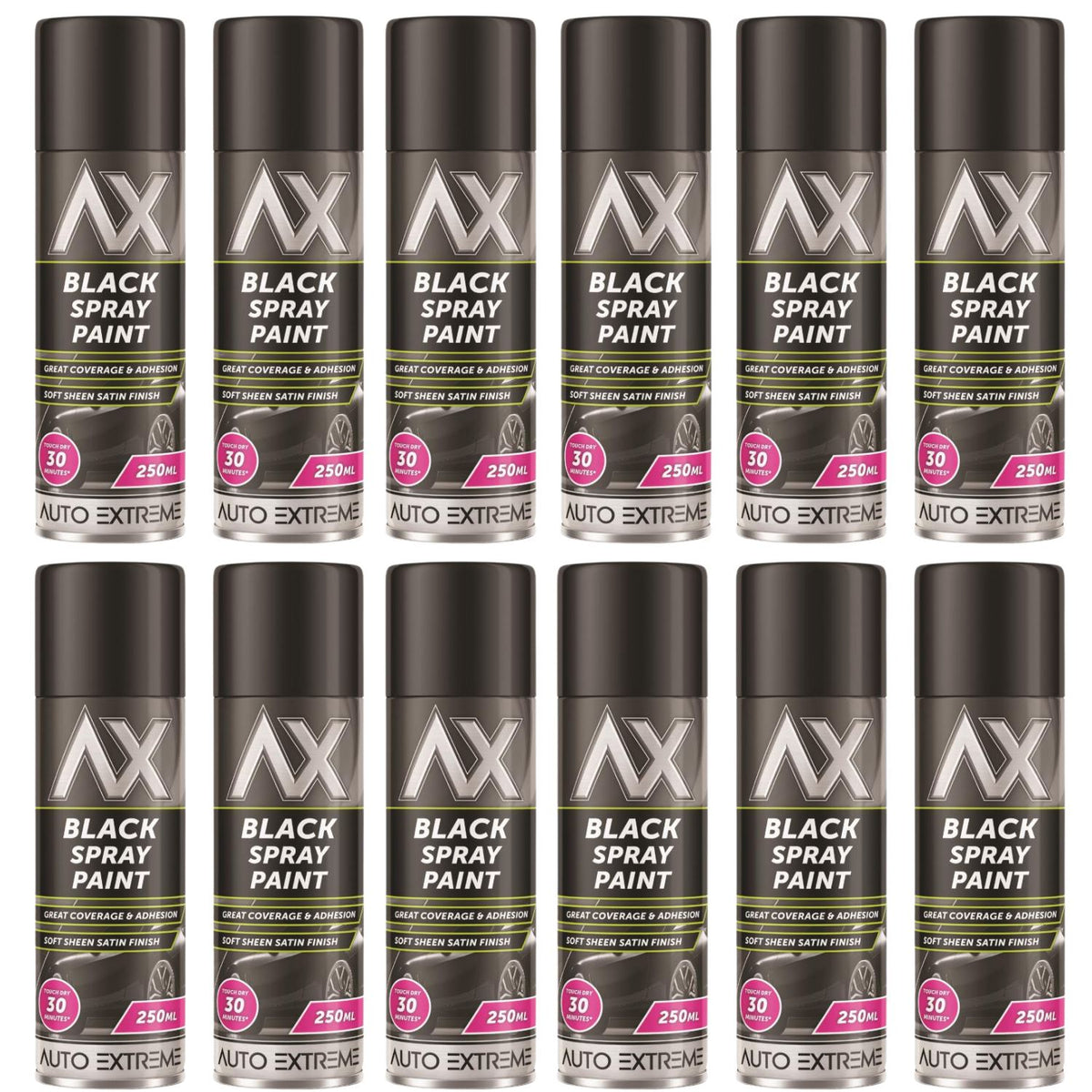 12X Auto Extreme Black Satin Spray Paint 250ml
