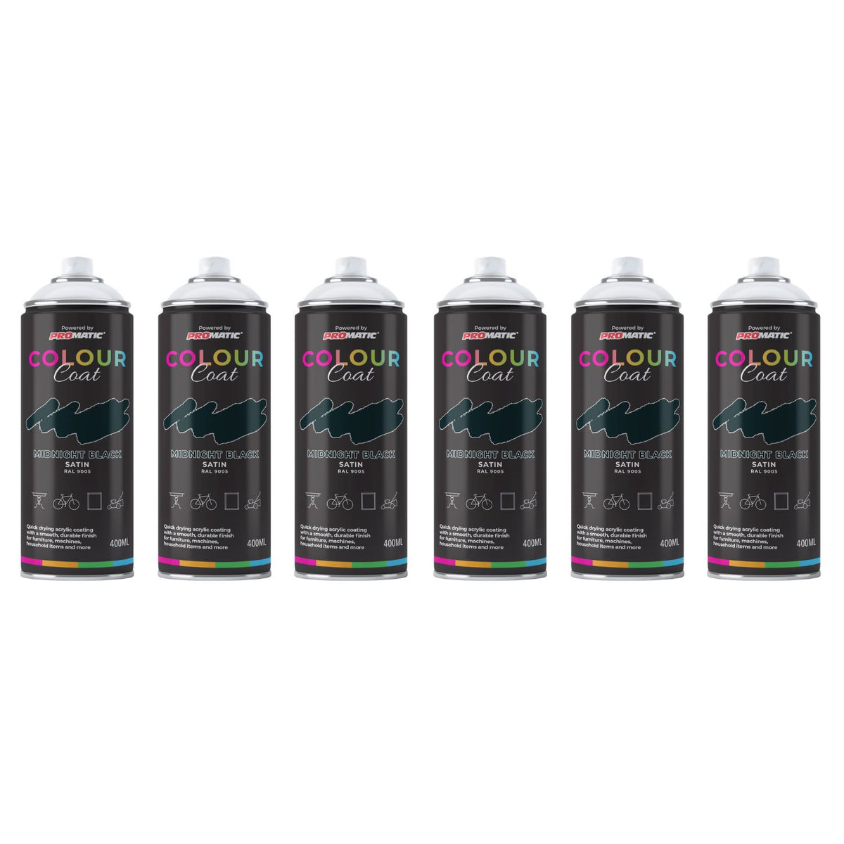 6X Midnight Black RAL 9005 Satin Spray Paint 400ml