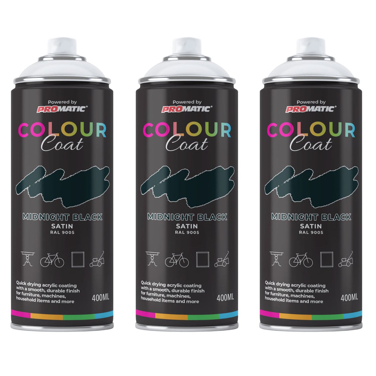 3X Midnight Black RAL 9005 Satin Spray Paint 400ml