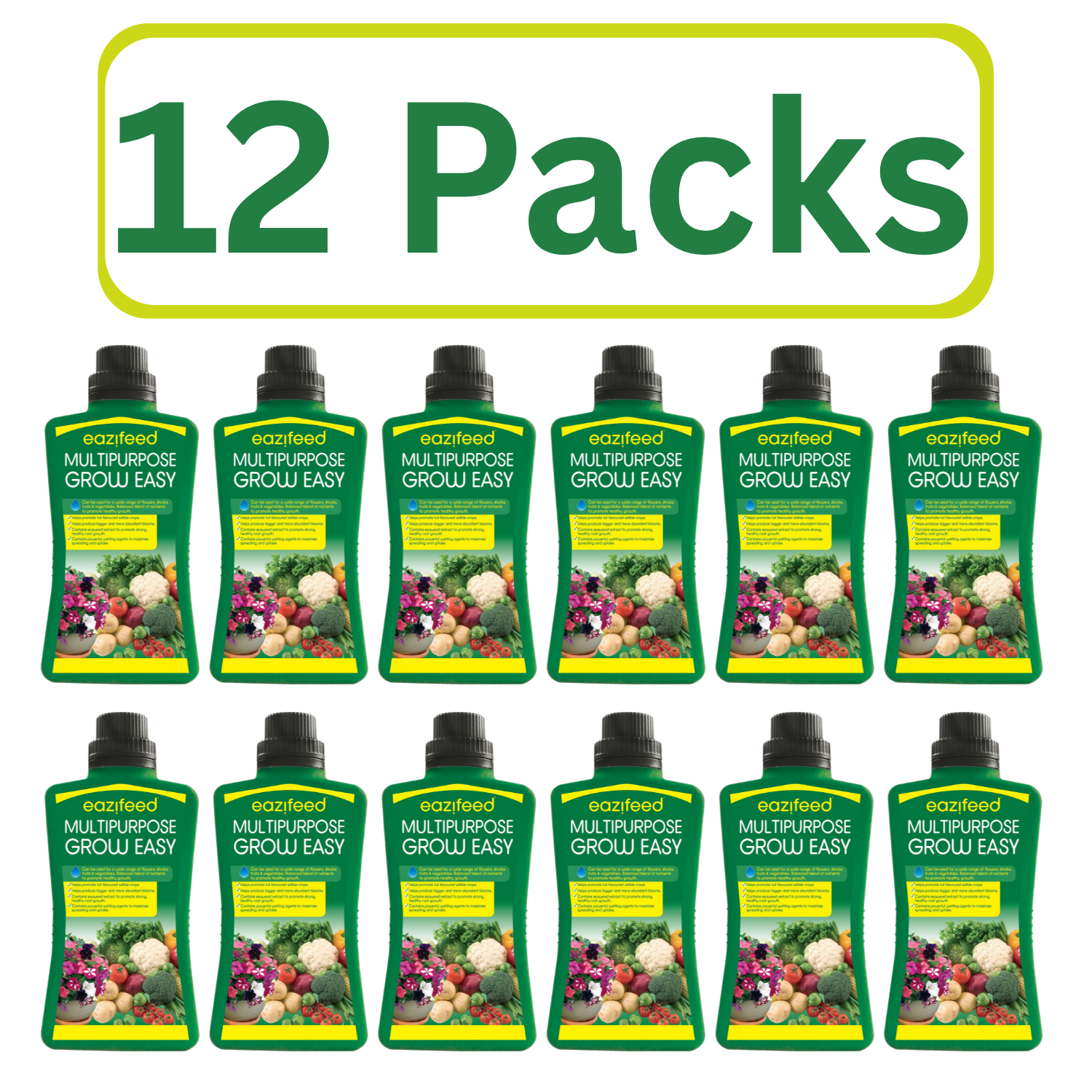 Pack of 12 bottles of multi purpose liquid plant food for healthy plant growth and vibrant blooms
