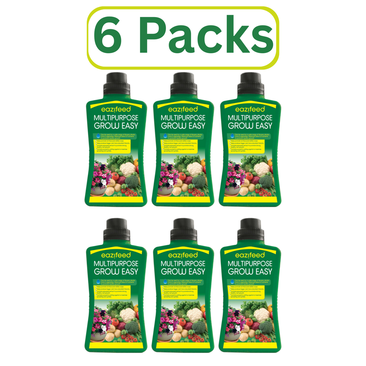 Six packs of Eazifeed multi purpose liquid plant food concentrate for healthy plant growth