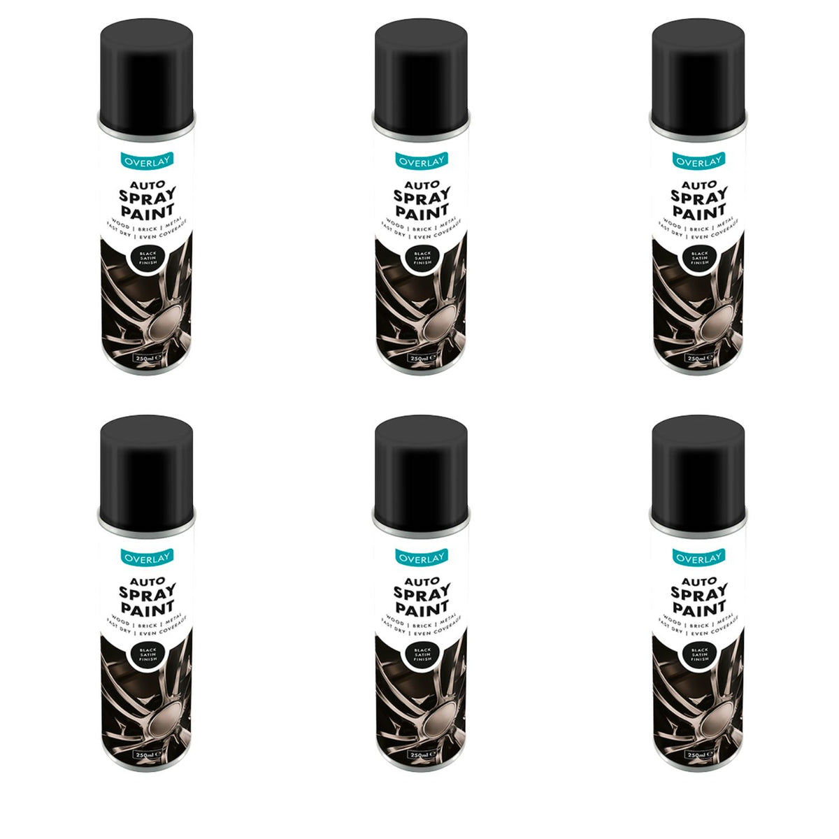 6X Overlay Satin Black Auto Professional Spray Paint 250ml