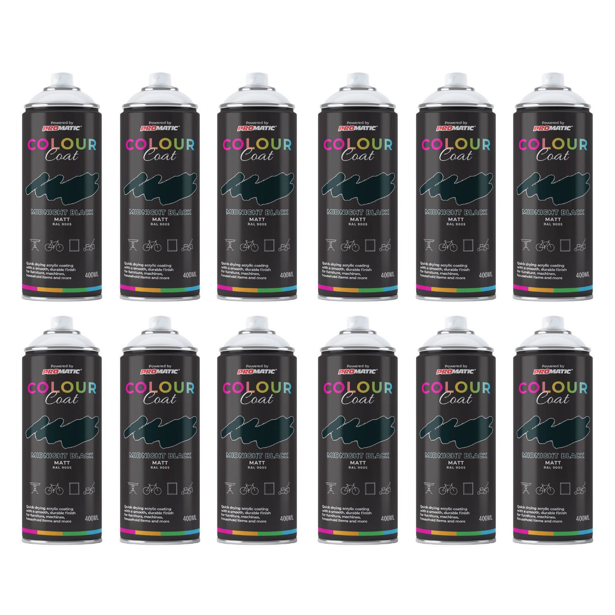 12X Midnight Black RAL 9005 Matt Spray Paint 400ml