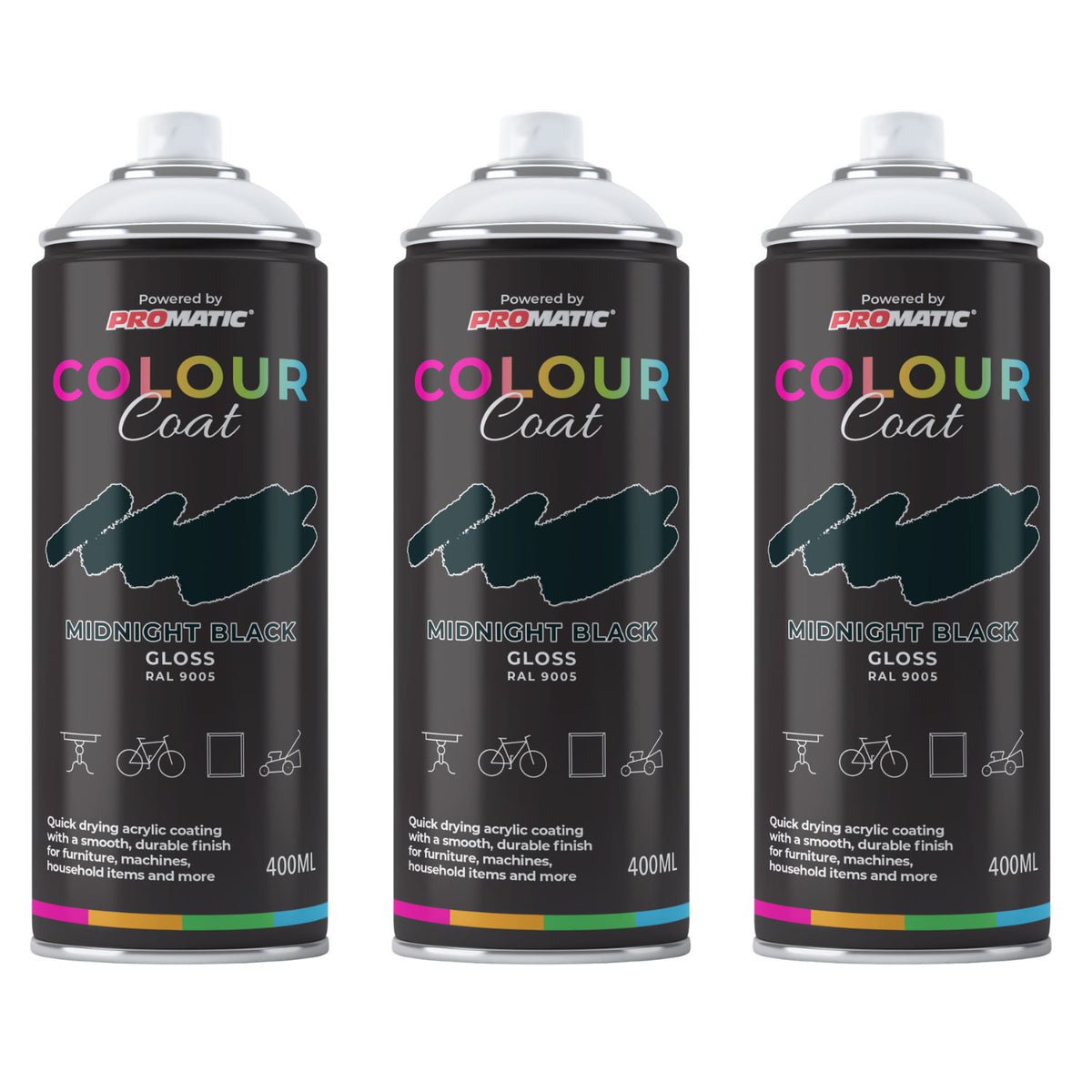 3X Midnight Black RAL 9005 Gloss Spray Paint 400ml