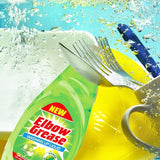 Elbow Grease apple fresh washing up liquid with sparkling dishes and cutlery in a lively wash scene