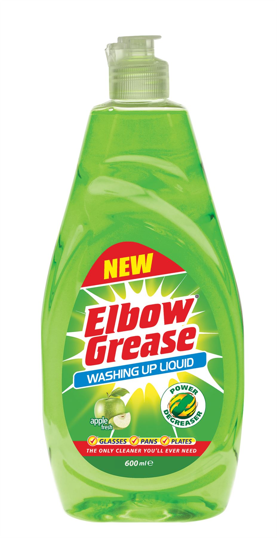 Elbow Grease apple fresh washing up liquid in a green bottle, effective for cleaning dishes and pans
