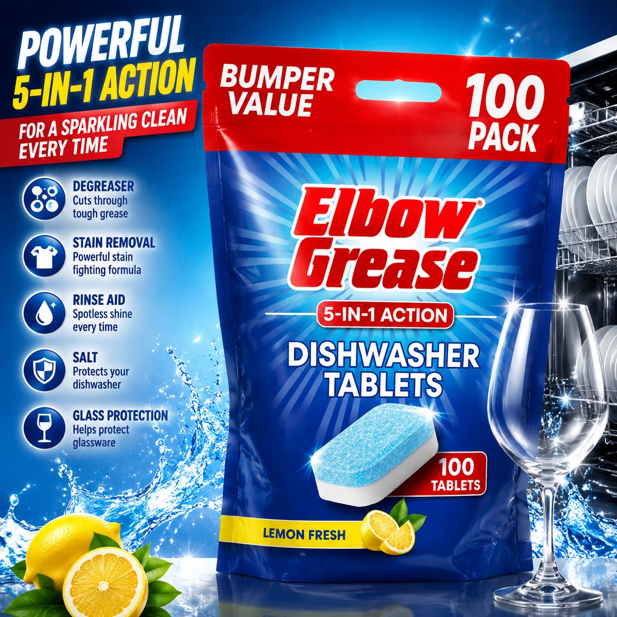 Elbow Grease 100 Pack Dishwasher Tablets with Lemon Fresh Scent for Sparkling Clean Dishes