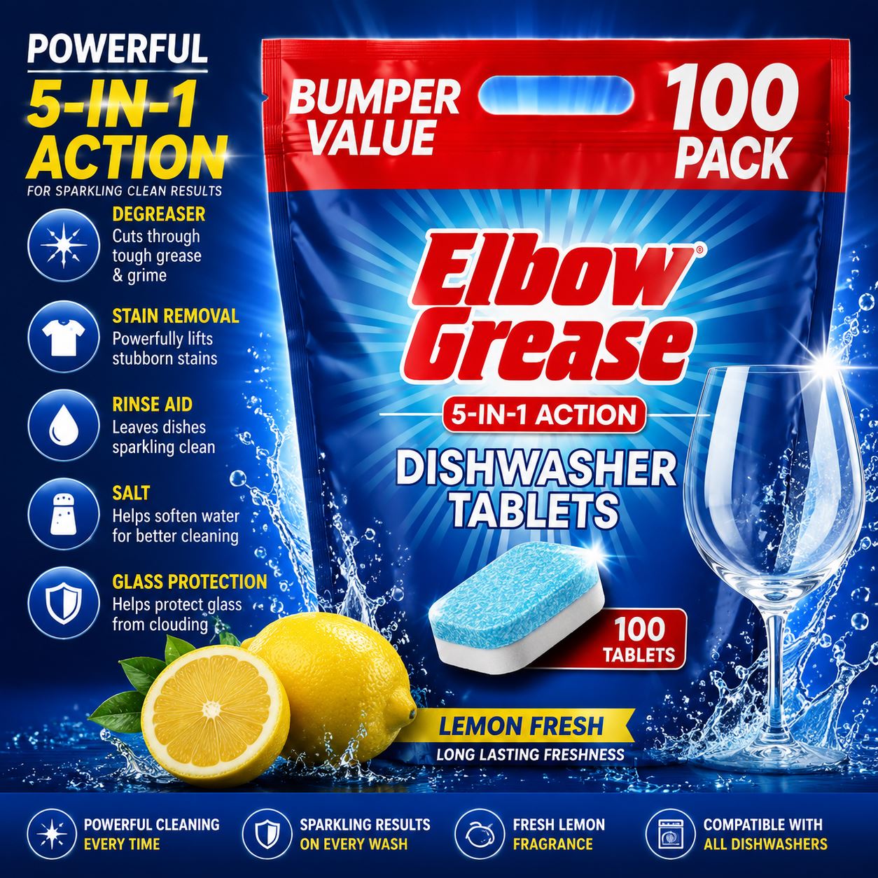 Elbow Grease 5-in-1 Action Dishwasher Tablets in Lemon Fresh scent, 100 pack for sparkling clean dishes