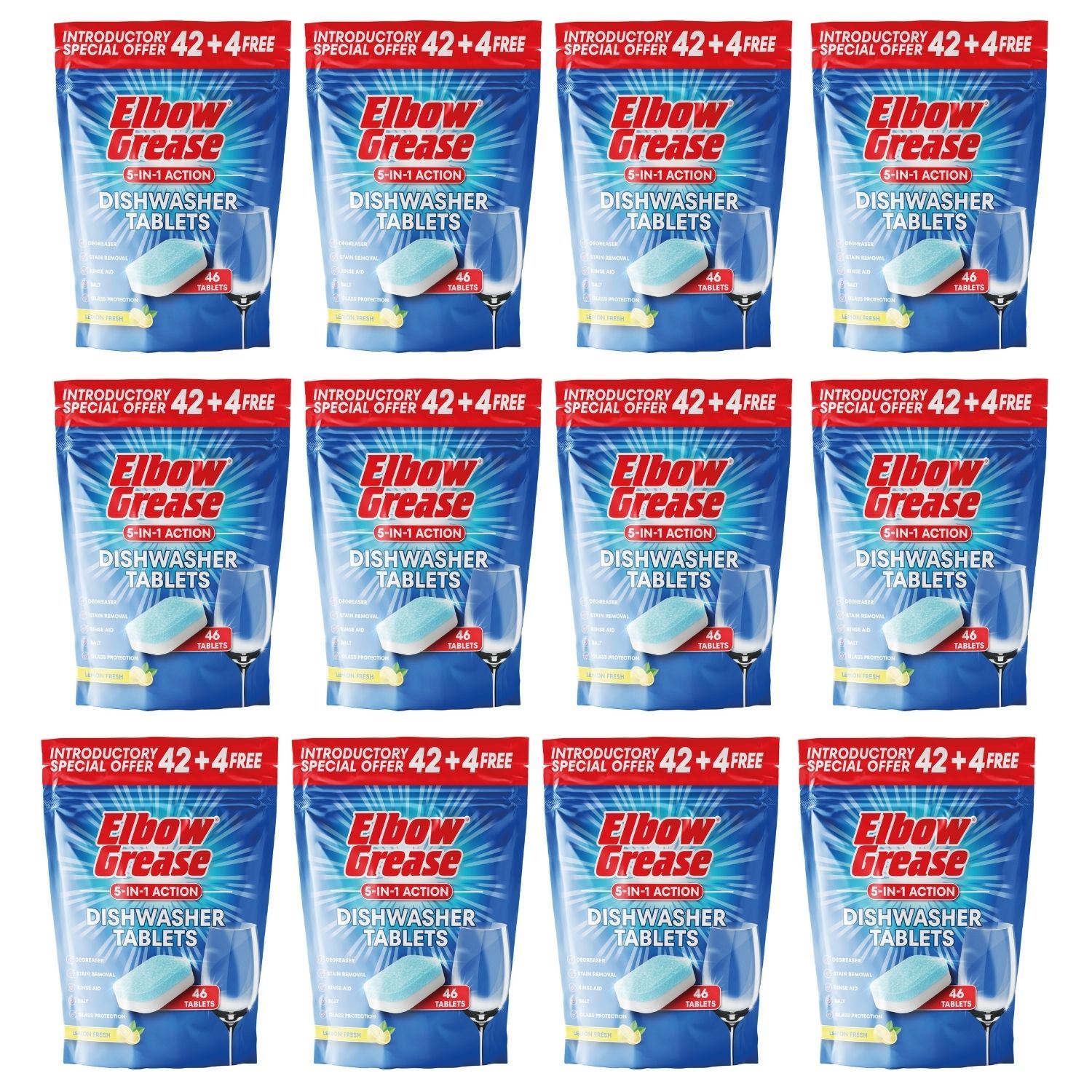 Elbow Grease dishwasher tablets pack featuring 42 tablets for effective cleaning in every wash